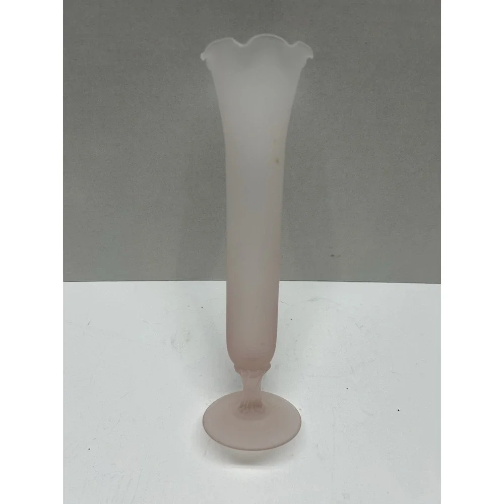 Vintage Pink Frosted Glass Bud Vase with Ruffled Edge Pedestal Base 8